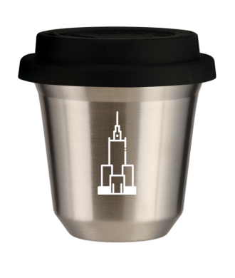 Kubek 150 ml SREBRNY "Pałac kultury i nauki (biały)", z czarną pokrywką Kubek 150 ml SREBRNY "Pałac kultury i nauki (biały)", z czarną pokrywką