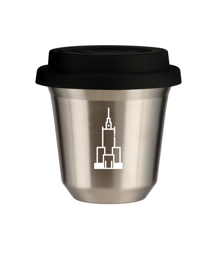 Kubek 150 ml SREBRNY "Pałac kultury i nauki (biały)", z czarną pokrywką