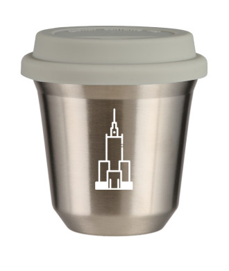 Kubek 150 ml SREBRNY "Pałac kultury i nauki (biały)", z białą pokrywką Kubek 150 ml SREBRNY "Pałac kultury i nauki (biały)", z białą pokrywką