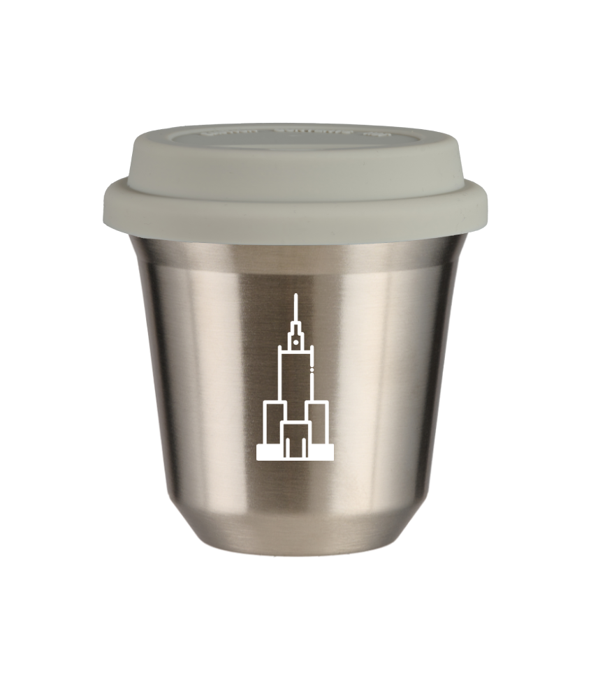 Kubek 150 ml SREBRNY "Pałac kultury i nauki (biały)", z białą pokrywką