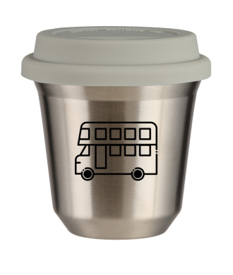 Kubek 150 ml SREBRNY "Autobus (czarny)", z białą pokrywką Kubek 150 ml SREBRNY "Autobus (czarny)", z białą pokrywką