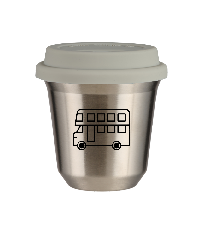 Kubek 150 ml SREBRNY "Autobus (czarny)", z białą pokrywką