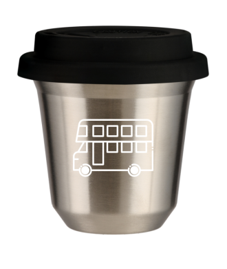 Kubek 150 ml SREBRNY "Autobus (biały)", z czarną pokrywką Kubek 150 ml SREBRNY "Autobus (biały)", z czarną pokrywką