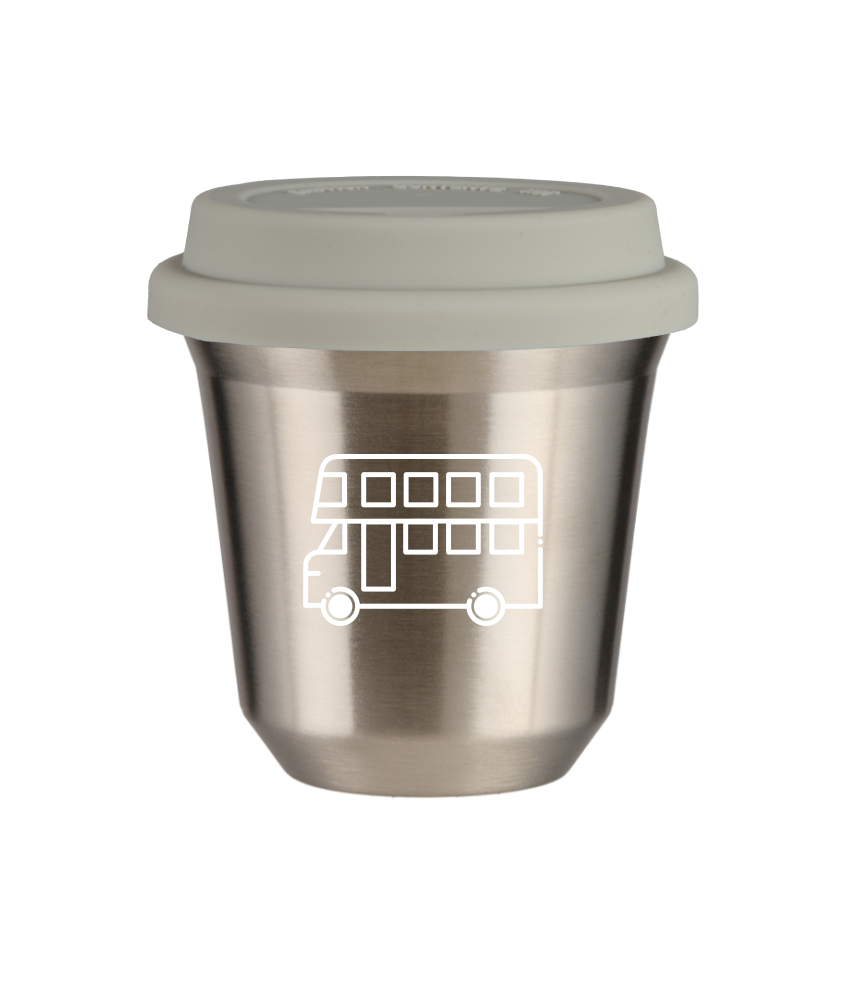Kubek 150 ml SREBRNY "Autobus (biały)", z białą pokrywką
