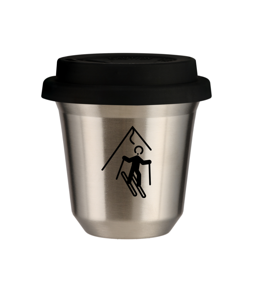Kubek 150 ml SREBRNY "Narciarstwo (czarny)", z czarną pokrywką