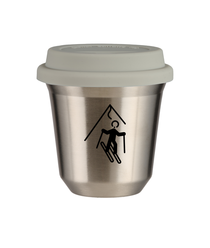 Kubek 150 ml SREBRNY "Narciarstwo (czarny)", z białą pokrywką