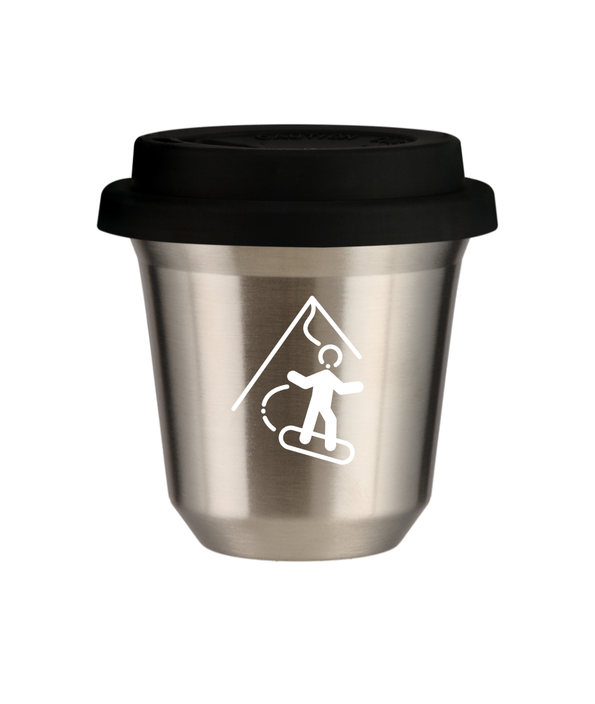 Kubek 150 ml SREBRNY "Snowboard (biały)", z czarną pokrywką