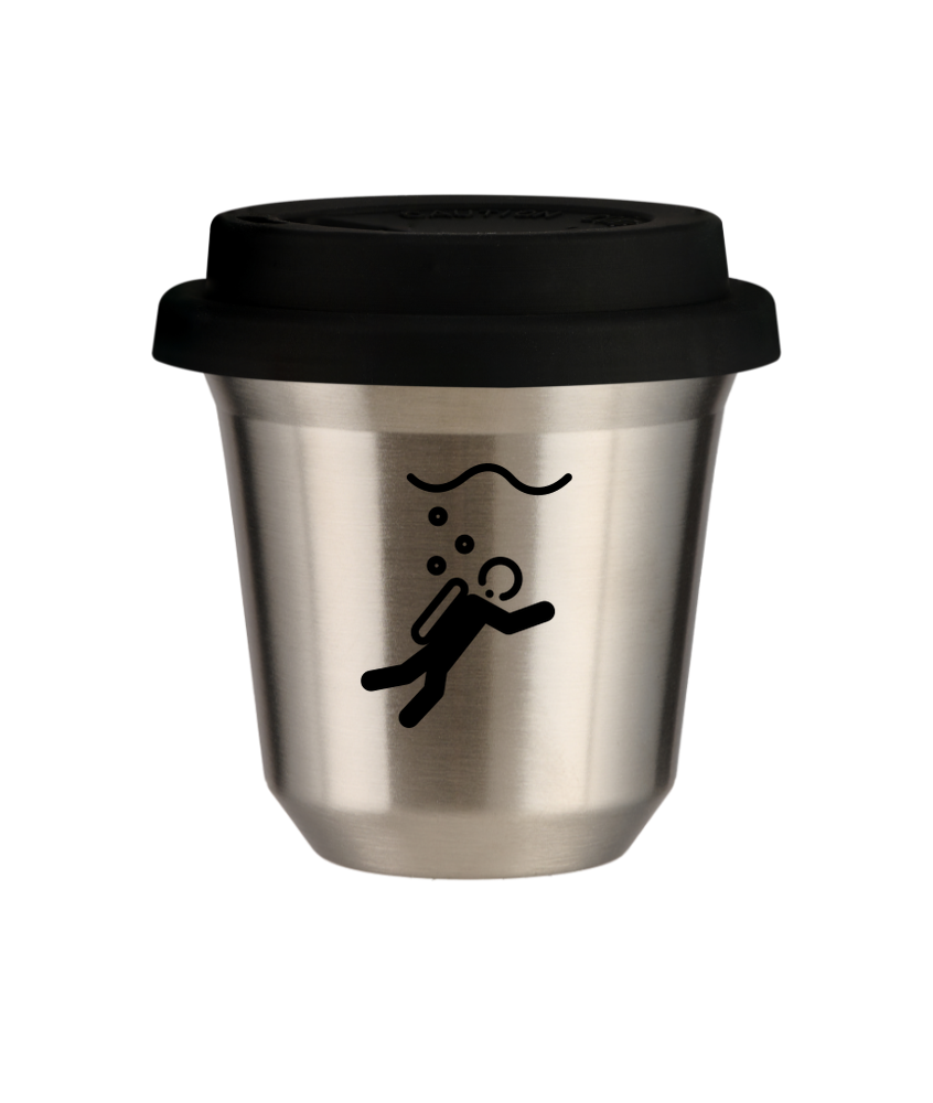 Kubek 150 ml SREBRNY "Nurkowanie (czarny)", z czarną pokrywką