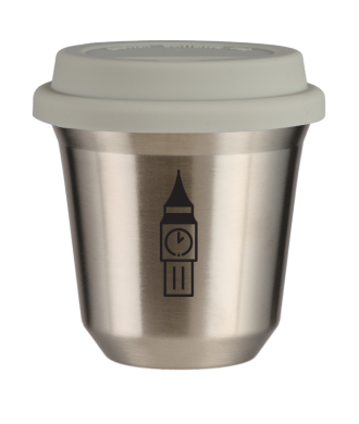 Kubek 150 ml SREBRNY "BIG BEN (czarny)", z białą pokrywką Kubek 150 ml SREBRNY "BIG BEN (czarny)", z białą pokrywką