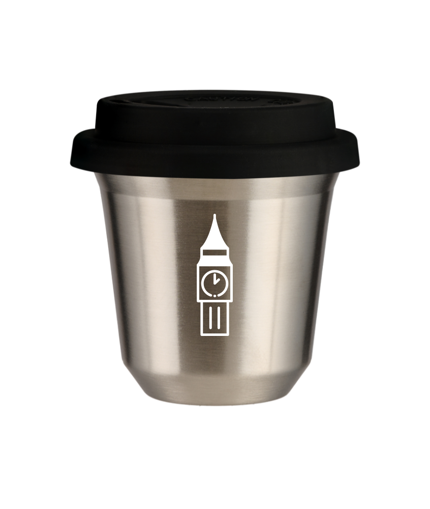 Kubek 150 ml SREBRNY "BIG BEN (biały)", z czarną pokrywką