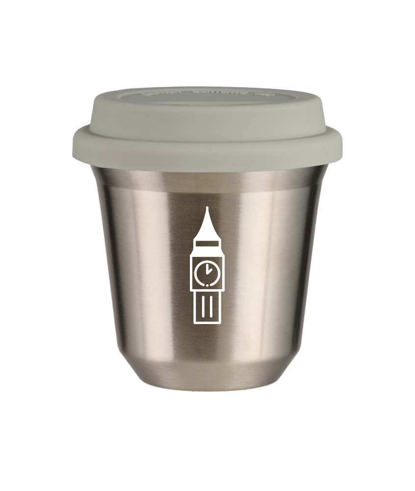 Kubek 150 ml SREBRNY "BIG BEN (biały)", z białą pokrywką