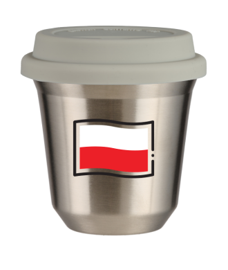 Kubek 150 ml SREBRNY "Flaga Polski (czarny)", z białą pokrywką Kubek 150 ml SREBRNY "Flaga Polski (czarny)", z białą pokrywką