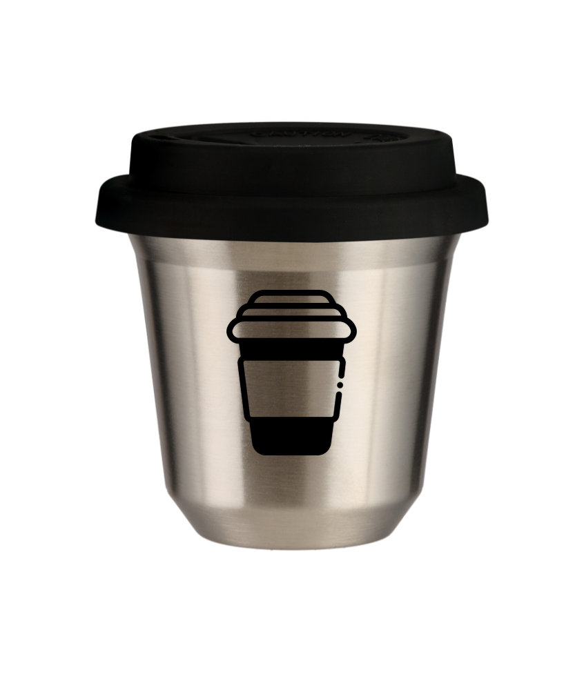 Kubek 150 ml SREBRNY, z czarną pokrywką
