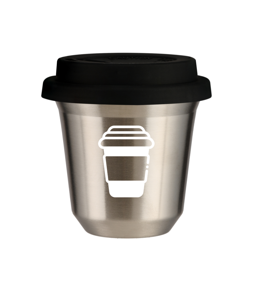 Kubek 150 ml SREBRNY, z czarną pokrywką