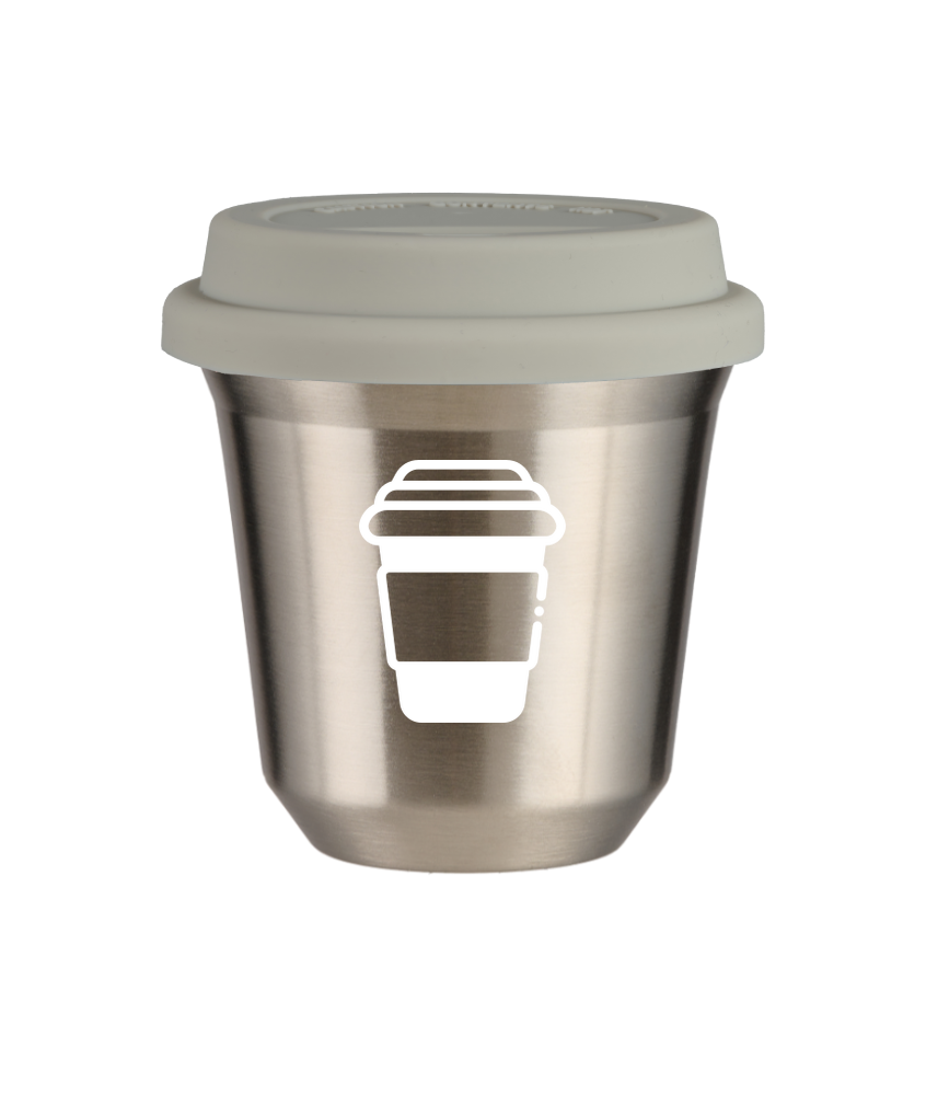 Kubek 150 ml SREBRNY, z białą pokrywką
