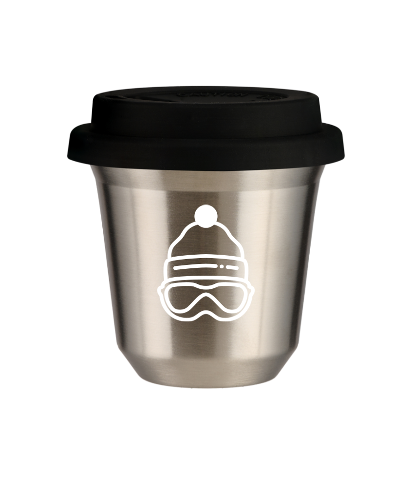 Kubek 150 ml SREBRNY "Czapka (biały)", z czarną pokrywką