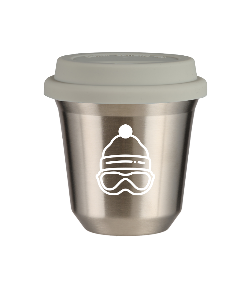 Kubek 150 ml SREBRNY "Czapka (biały)", z białą pokrywką