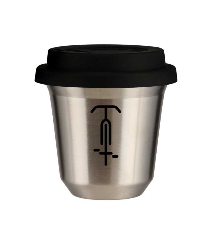 Kubek 150 ml SREBRNY "Kolarstwo 1", z czarną pokrywką