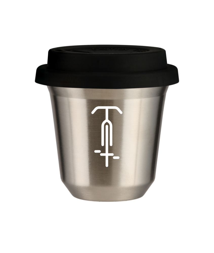Kubek 150 ml SREBRNY "Kolarstwo 1 (biały)", z czarną pokrywką