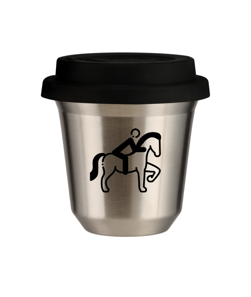 Kubek 150 ml SREBRNY "Jeździectwo 2 (czarny)", z czarną pokrywką