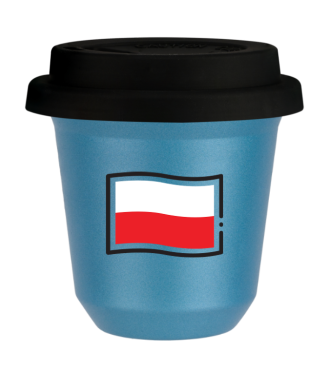 Kubek 150 ml BŁĘKITNY METALIC "Flaga Polski (czarny)", z czarną pokrywką Kubek 150 ml BŁĘKITNY METALIC "Flaga Polski (czarny)", z czarną pokrywką