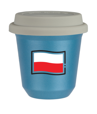 Kubek 150 ml BŁĘKITNY METALIC "Flaga Polski (czarny)", z białą pokrywką Kubek 150 ml BŁĘKITNY METALIC "Flaga Polski (czarny)", z białą pokrywką