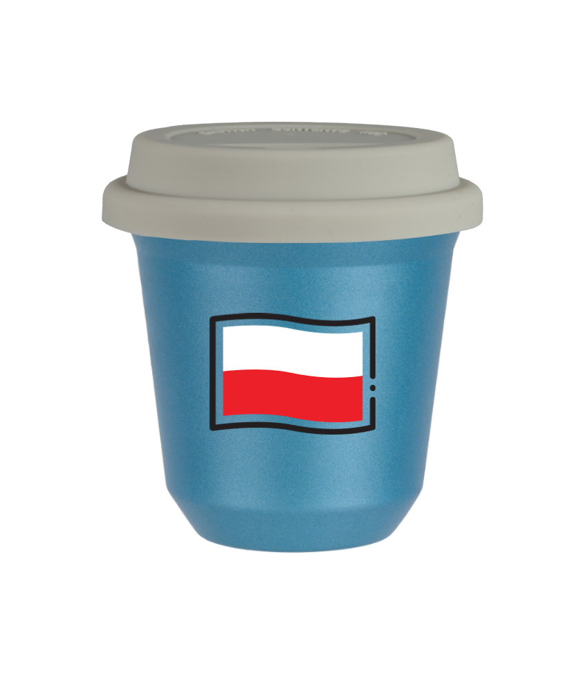 Kubek 150 ml BŁĘKITNY METALIC "Flaga Polski (czarny)", z białą pokrywką