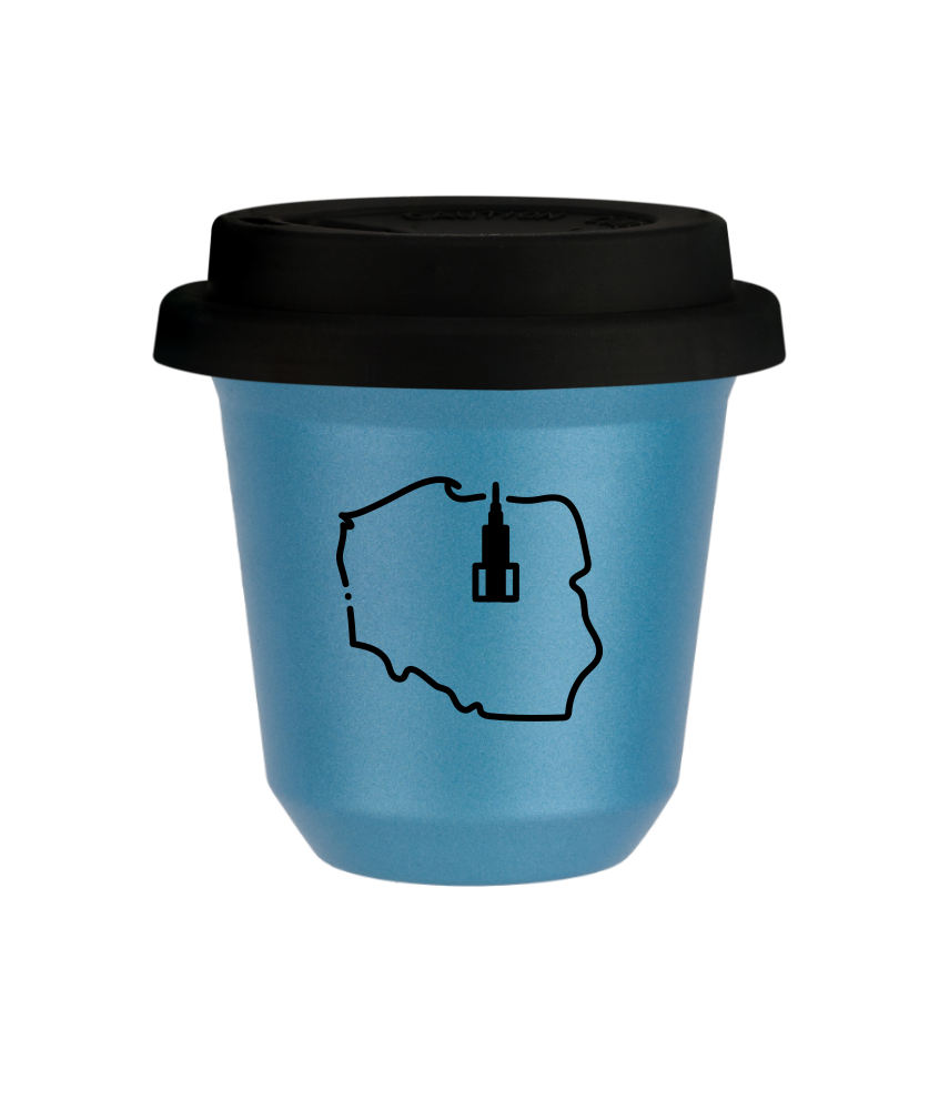 Kubek 150 ml BŁĘKITNY METALIC "Polska", z czarną pokrywką