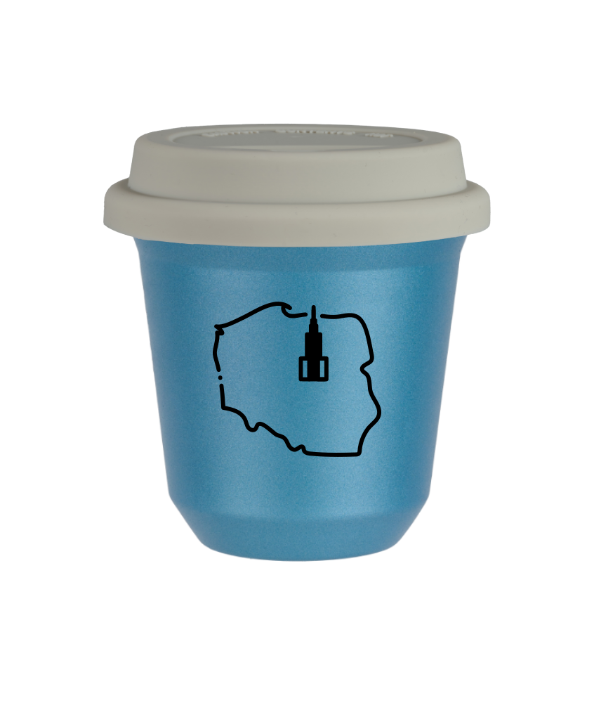 Kubek 150 ml BŁĘKITNY METALIC "Polska", z białą pokrywką