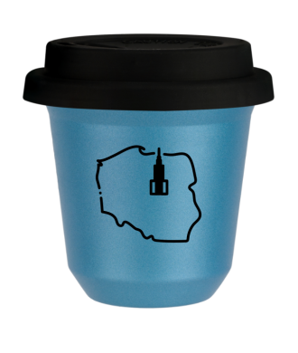 Kubek 150 ml BŁĘKITNY METALIC "Polska (czarny)", z czarną pokrywką Kubek 150 ml BŁĘKITNY METALIC "Polska (czarny)", z czarną pokrywką