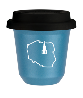 Kubek 150 ml BŁĘKITNY METALIC "Polska (biały)", z czarną pokrywką Kubek 150 ml BŁĘKITNY METALIC "Polska (biały)", z czarną pokrywką