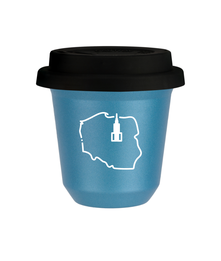 Kubek 150 ml BŁĘKITNY METALIC "Polska (biały)", z czarną pokrywką