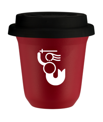 Kubek czerwony mat 150 ml, WARSZAWSKA SYRENKA (bialy) z pokrywka czarna