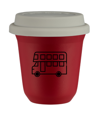 Kubek czerwony mat 150 ml, AUTOBUS (czarny) z pokrywka biala