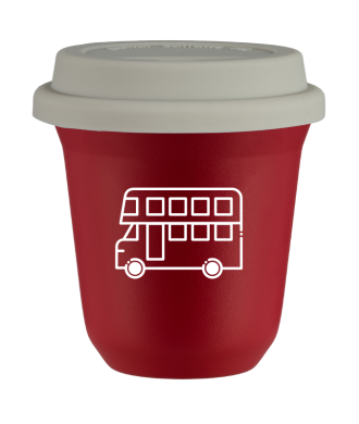 Kubek czerwony mat 150 ml, AUTOBUS (bialy) z pokrywka biala