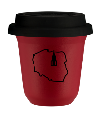 Kubek czerwony mat 150 ml, POLSKA z pokrywka czarna