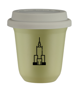 Kubek pistacjowy 150 ml, PALAC KULTURY I NAUKI (czarny) z pokrywka biala