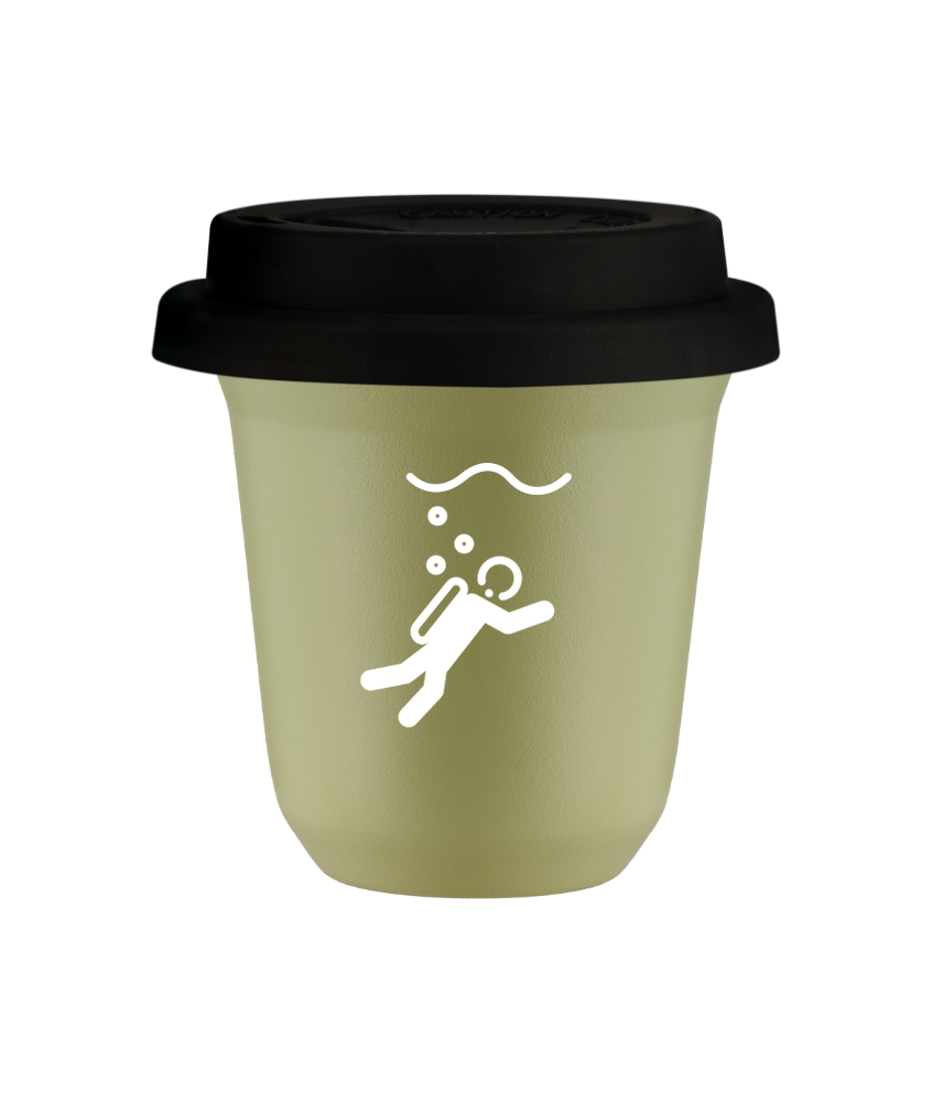 Kubek 150 ml PISTACJOWY "Nurkowanie (biały)", z czarną pokrywką